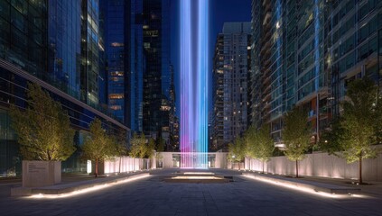 Urban memorial plaza at night, illuminated by colorful light beams