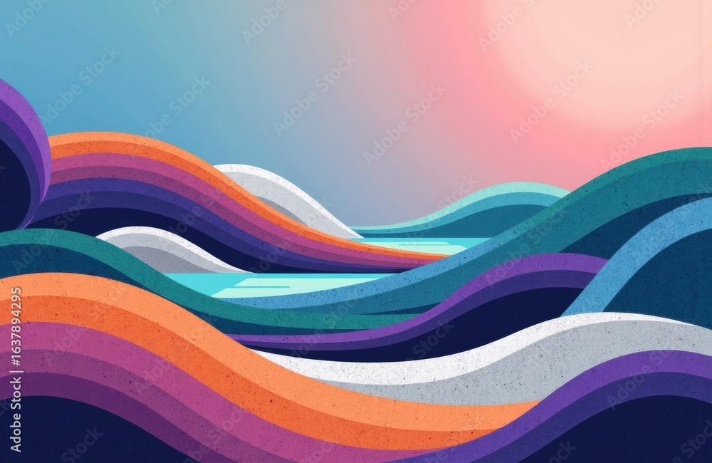 Poster colorful abstract waves with smooth curves and vibrant gradient shades creating a dynamic landscape