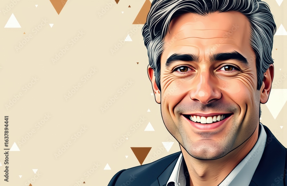 Poster a smiling man in formal attire with a cheerful expression and a patterned background