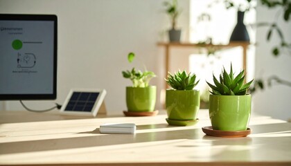 Eco home office desk with succulents and small solar panel in natural light