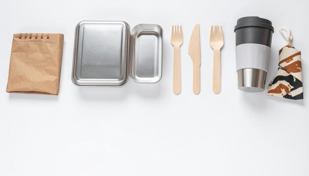 GeneraZero-waste lunch kit with stainless lunch boxes, wooden cutlery, reusable cup, paper bag and beeswax wrap on white backgroundted image