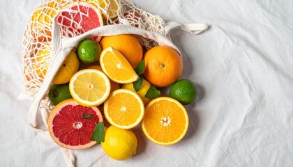 Assorted citrus in a reusable mesh bag on linen cloth, sliced and whole, top-down with copy space