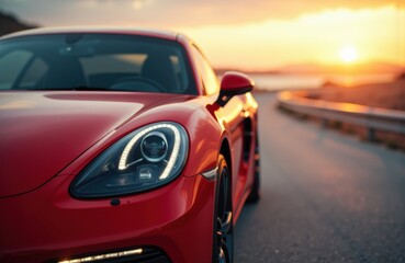 Fototapeta premium A red sports car parked on a scenic road during sunset creating a vibrant and dynamic atmosphere