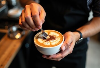 Barista hands a cup of latte art coffee with cocoa powder topping in a cozy cafe setting