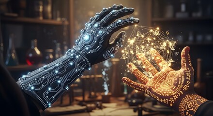 Conceptual image of technology versus magic, with a robotic hand and a rune-covered hand creating a glowing data network.
