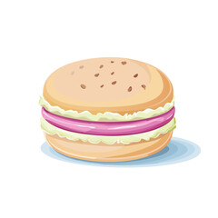 Sweet Macaron Sandwich on a Plate Cartoon Illustration Pastel Pink Cream Filling Delicious Treat Pastry Shop Bakery Confection Dessert