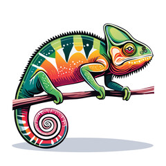 Colorful Chameleon Perched on Branch Artistic Illustration Wildlife Animal Reptile