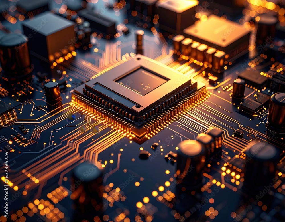 Poster closeup of glowing circuit board with microchip