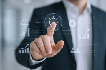 Business Professional Interacting with Futuristic Interface Displaying Growth Metrics and Innovative Ideas, Representing Business Strategy
