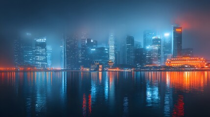 Obraz premium Vibrant city skyline reflecting in a still water body at night.