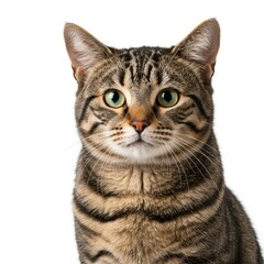 A curious tabby cat with bright green eyes and a striped coat, looking directly at the camera on a white background.