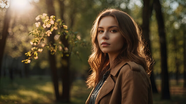 European woman, in the shade of trees, sun, brown background, spring, concept portrait
