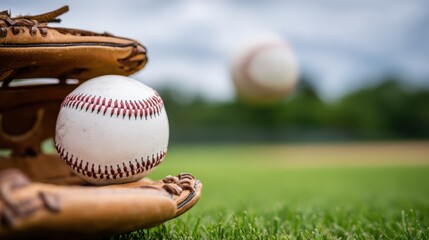Baseball Close-Up on Glove with Ball in Motion Over Green Field, Game Day Ready