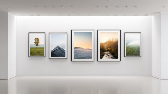 Gallery wall with landscape photography in a bright, white space, showcasing art exhibition and interior design