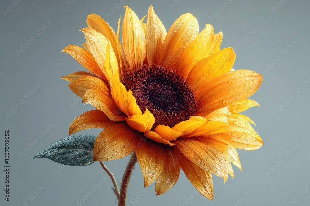 Poster close-up of a bright sunflower displaying vibrant petals and water droplets, creating a refreshing a