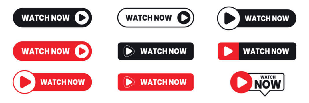 Watch now buttons icon collection with different style. Play now. Web media symbol.
