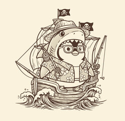 Cool penguin dressed as pirate in shark costume, holding fishing gear, standing before pirate ship with skull flag.