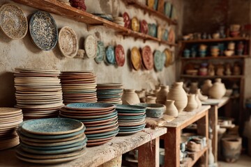 Fototapeta premium Stacks of plates in various colors fill wooden shelves in a pottery workshop showcasing traditional craftsmanship in a cozy setting