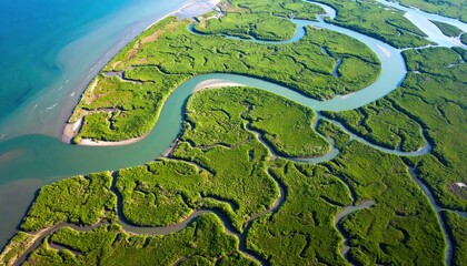 Aerial View Of Winding Mangrove Forest And River Delta
