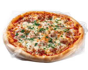 Frozen pizza with cheese, meatball topping, tomato sauce, and herbs wrapped in clear plastic, isolated on transparency background, convenient and ready to cook meal