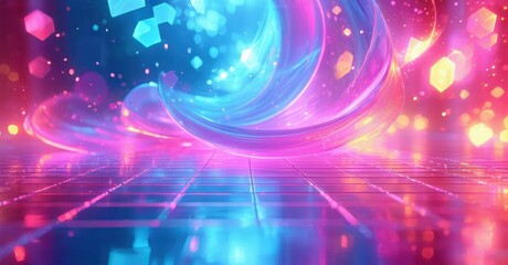 Obraz premium Vibrant abstract scene. Glowing lines, cubes, grid floor create futuristic space. Pink, blue hues dominate composition. Dynamic energy radiates.