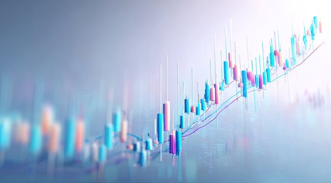 Abstract financial chart with rising trends.  Colorful candlestick patterns,  blurry city lights in the background.  Modern,  dynamic display