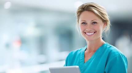 Fototapeta premium A friendly healthcare professional smiles confidently.