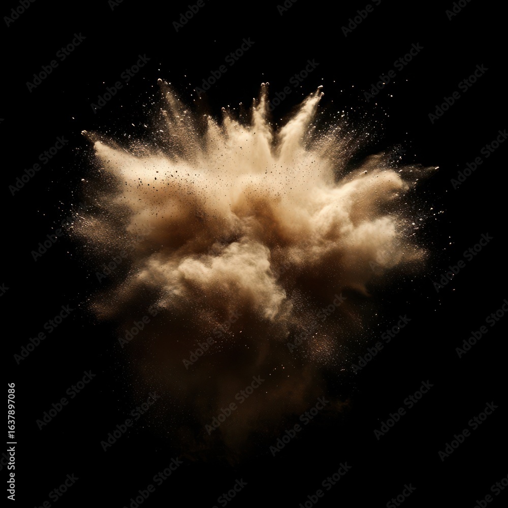 Poster explosion of fine dust with dynamic motion against a black background for creative visual usage