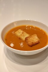 Moroccan cuisine: harira (Moroccan vegetable soup) with croutons in Doha, Qatar