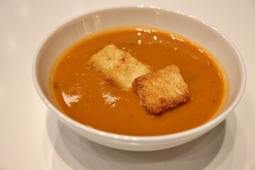 Moroccan cuisine: harira (Moroccan vegetable soup) with croutons in Doha, Qatar