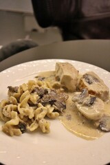 Chicken fricassee and fusilli pasta with creamy mushroom sauce in Doha, Qatar