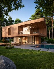Modern wood house nestled in a forest with a pool and patio