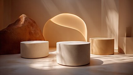 Three cylinder-shaped display stands in a muted beige room.