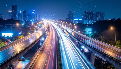Obraz premium Nighttime cityscape with layered highway interchange and vibrant light trails, symbolizing motion, complexity, and urban energy.