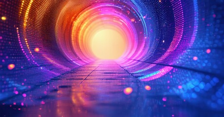 Obraz premium Vibrant tunnel, glowing light source. Digital art, futuristic design, colorful patterns create immersive experience. Brightness dominates scene.