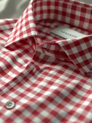 Fototapeta premium Red and White Gingham Pattern Button Down Shirt Close Up 
