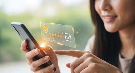 Customer feedback review using a smartphone and digital interface showing satisfaction rating and customer service evaluation