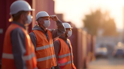Construction workers undergoing temperature checks before entering worksite