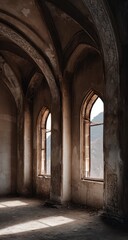 Obraz premium Ruined interior with arched windows and sunlight