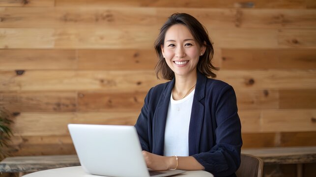 Confident professional woman working on laptop in modern office