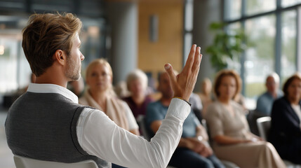Manager asking a question at a seminar with gentle lighting