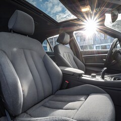 Fototapeta premium Modern car cabin with spotless fabric seats after thorough cleaning using Karcher products, sunlight streaming through windows, fresh and inviting atmosphere, commercial style photo 