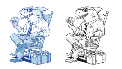 shark businessman smoking cigar, holding cash, sitting on rocking chair with suitcase full of money.