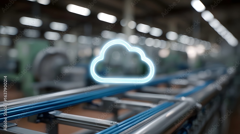 Poster glowing digital cloud icon in a smart factory pipeline system