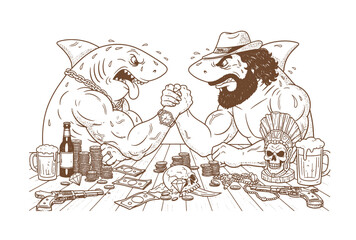 Two muscular anthropomorphic sharks arm wrestling, covered in tattoos, one wearing hat and cigar, drawn in vintage style.