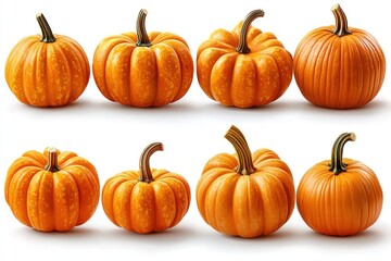 Orange Pumpkin Set Isolated on White Background. Multiple Pumpkin Jack-o-Lanterns Halloween Concept. Autumn Harvest Clip Art. Pumpkins with Clipping Path. Fall Season Decoration Design.