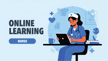 Healthcare education concept with a nurse studying online on a laptop. Vector illustration of e-learning.
