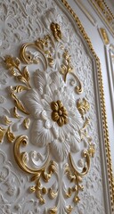 Obraz premium Ornate white wall panel with gold accents, intricate floral design