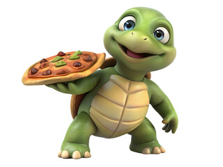 Fototapeta premium Cartoon turtle character holding a pizza isolated on transparent background