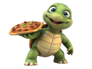 Cartoon turtle character holding a pizza isolated on transparent background